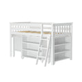 White wooden twin loft bed with built-in ladder, open shelving and drawers for kids' space-saving storage