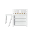 Minimalist white loft bed frame with ladder, integrated open storage shelves and visible wooden slat mattress support for kids' bedroom