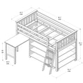 Isometric loft bed assembly diagram with ladder, integrated desk and storage shelves, dimensions labeled 81½″ long × 54¾″ wide × 50¼″ tall and 30″ desk height