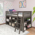 Gray wood twin loft bed with built-in storage and ladder in pink kids bedroom with cloud wall decals, colorful pillows and framed rainbow artwork