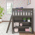 Gray wooden loft bed with built-in shelves in pastel nursery, cloud wallpaper, window light, plants, books and pink alarm clock