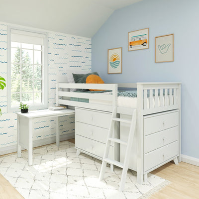 White kids loft bed with ladder, built-in drawers and desk in light-blue nautical bedroom with wave wallpaper and wall art