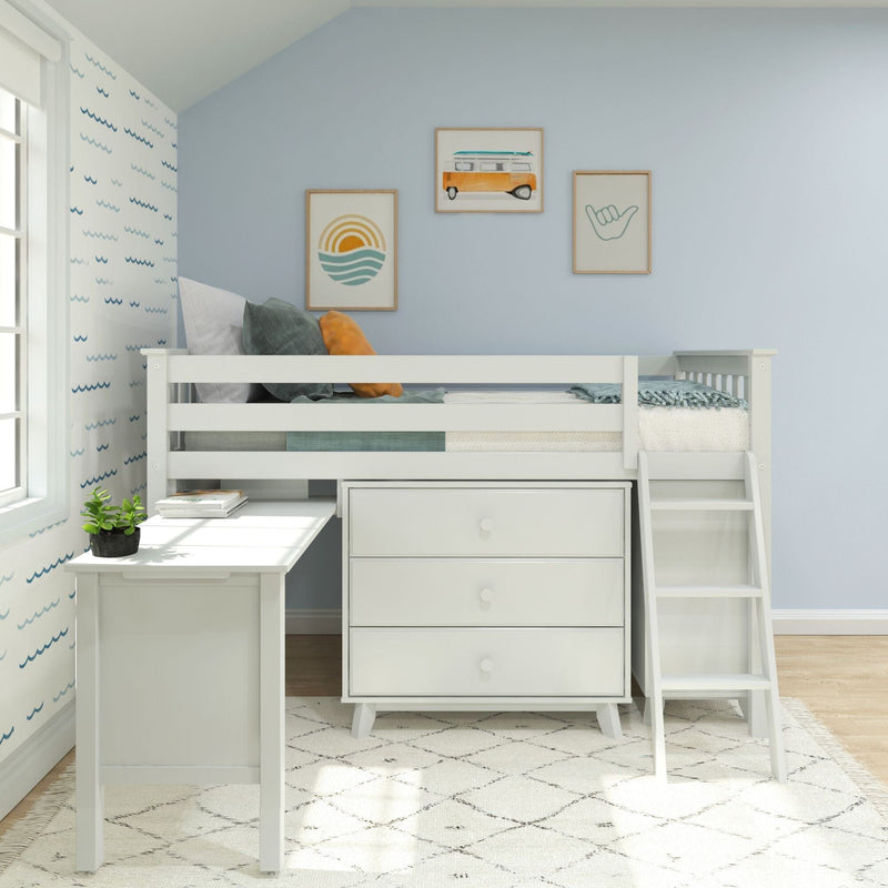 White loft bed with built-in storage drawers and ladder in a coastal blue kids' bedroom with wave-pattern wallpaper, teal and orange cushions, and three framed beach-themed prints