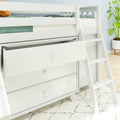 White wooden loft bunk bed with built-in storage drawers and ladder in modern kids' bedroom with teal bedding, patterned rug and potted plant
