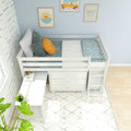 White kids loft bed with built-in dresser and ladder, blue-green bedding and orange accent pillow, coastal nursery wall art and desk