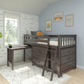 Kids loft bed with built-in desk and storage drawers in dark wood, coastal-style bedroom with blue walls and framed wall art