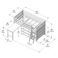 Isometric schematic of a loft bed with ladder, built-in desk and three-drawer dresser, black-and-white line drawing with annotated dimensions in inches and centimeters.