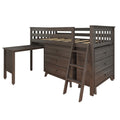 Dark brown wooden loft bed with built-in desk, ladder, under-bed storage drawers and slatted mattress support, modern rustic finish