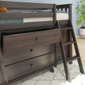 Dark brown wooden twin loft bed with built-in storage drawers and ladder, textured bedding and potted plant in modern kids' bedroom
