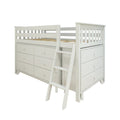 White wooden twin loft bed with built-in dresser drawers, slatted safety rails and ladder – space-saving kids storage loft bed