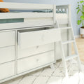 White loft bed with built-in storage drawers and ladder in a modern kids' bedroom with textured rug and potted plant