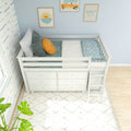 Top-down view of a white kids loft bed with built-in dresser and ladder in a coastal-themed nursery, teal and orange pillows, wave wallpaper and framed beach art