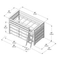 Isometric assembly diagram of a wooden loft bed with built‑in dresser drawers and ladder, annotated with detailed dimensions and measurements in inches and centimeters for assembly and space planning