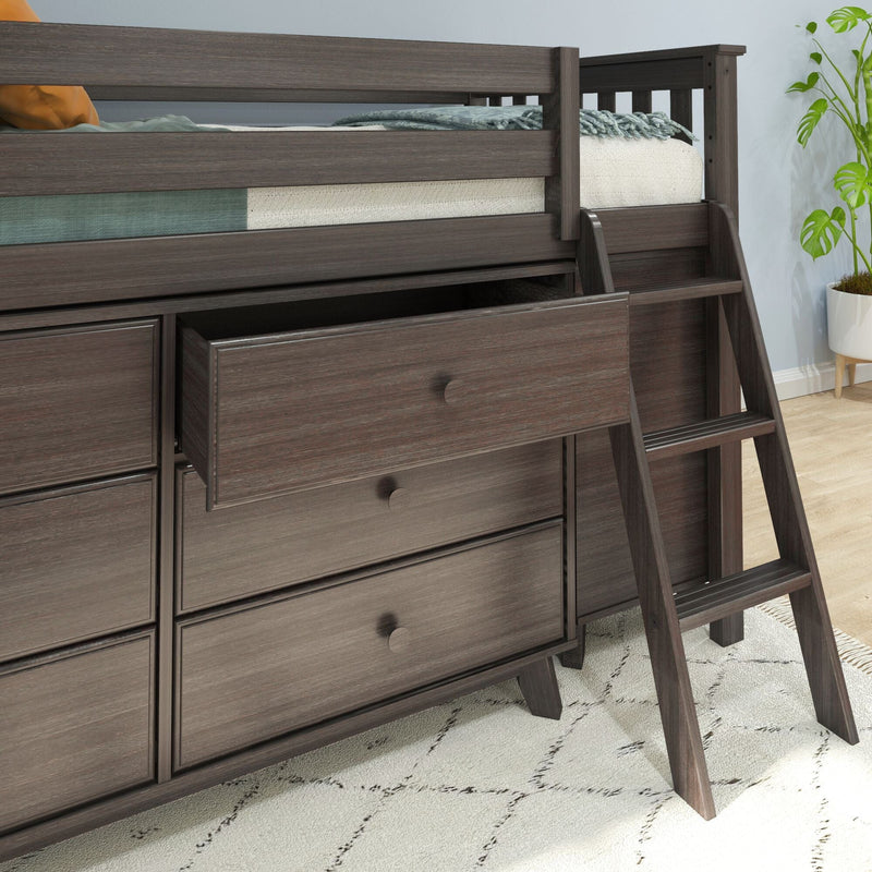 Dark wood loft bed with built-in drawers and ladder, space-saving storage solution for modern bedroom furniture