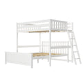 White wooden twin-over-full loft bunk bed with ladder, slatted guardrails and wooden slat platform — space-saving kids bedroom furniture