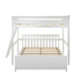 White wooden loft bunk bed frame with slatted mattress supports, ladder and guardrails on white background
