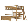 Solid wood loft bunk bed with ladder and protective guardrails in natural wood finish