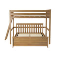 Solid wood bunk bed frame with ladder and slatted headboard and footboard in natural oak finish, front view showing mattress slats