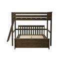 Dark brown solid-wood twin-over-twin bunk bed frame with angled ladder, slatted headboard and upper guardrail, visible mattress support slats — farmhouse-style bedroom furniture