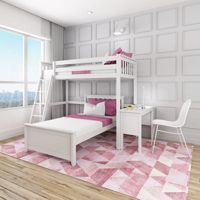Bright modern kids bedroom with white bunk bed, pink bedding and geometric rug, large window with city skyline view