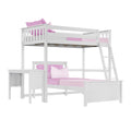 White wooden loft bunk bed with ladder and built-in desk, pink twin bedding, modern kids bedroom furniture