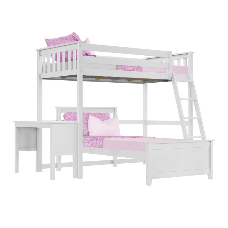White wooden loft bunk bed with ladder and built-in desk, pink twin bedding, modern kids bedroom furniture