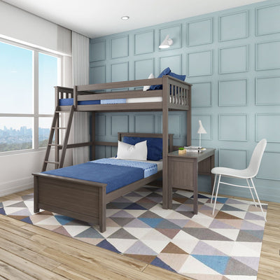 Kids bunk bed room with gray wood loft bed, blue bedding, geometric rug, light-blue paneled accent wall and large window view