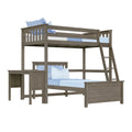 Gray wood twin-over-full loft bunk bed with ladder, built-in desk and storage, blue bedding — space-saving kids' bedroom furniture