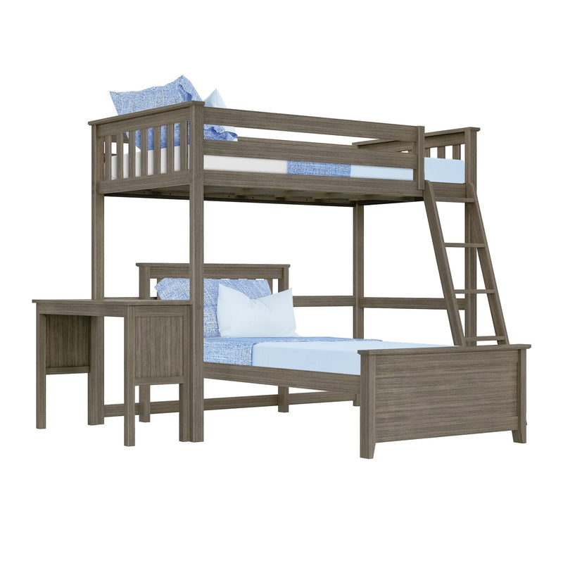 Gray wood twin-over-full loft bunk bed with ladder, built-in desk and storage, blue bedding — space-saving kids' bedroom furniture