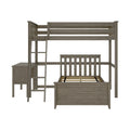 Gray wood twin-over-twin loft bunk bed with ladder, slatted headboard and built-in desk in a modern farmhouse finish