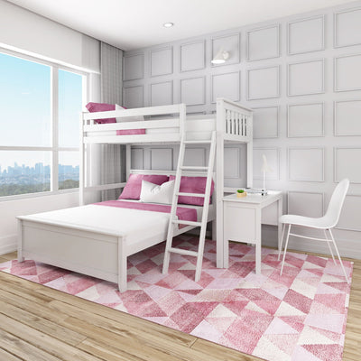 Modern kids bedroom with white bunk bed and ladder, pink bedding and geometric rug, paneled white accent wall and large window with city view
