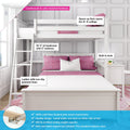 White loft bed with built-in desk and ladder, pink bedding, space-saving bunk fits 8+ ft ceilings, 32.5" headroom, solid New Zealand pine