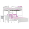 White wooden loft bunk bed with ladder, built-in desk and storage, twin-over-full layout with pink bedding and pillows