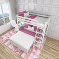 Modern kids bedroom with white bunk bed and ladder, pink pillows and geometric rug, white paneled accent wall, hardwood floor and large bright window