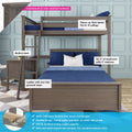 Gray wood loft bed with built-in desk and ladder, blue bedding, space‑saving upper bunk design that fits 8+ ft ceilings, countersunk hardware, solid New Zealand pine construction and 400 lb capacity