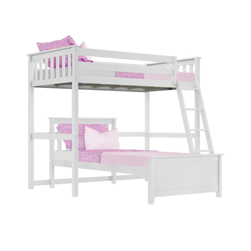 White wooden twin-over-twin loft bunk bed with ladder and pink bedding, children's bedroom furniture