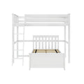 White wooden loft bunk bed with ladder and slatted lower bed frame, modern kids' bedroom furniture