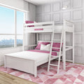 White wooden bunk bed with pink bedding in modern kids' bedroom with large window city view, paneled accent wall and pink geometric rug