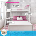 White wooden loft bunk bed (solid New Zealand pine) with ladder and pink bedding — space-saving design fits 8+ ft ceilings, 32.5" headroom with 5" mattress, 400 lb weight capacity