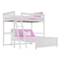 White wooden twin-over-twin loft bunk bed with ladder and pink bedding, modern kids' bedroom furniture, space-saving design