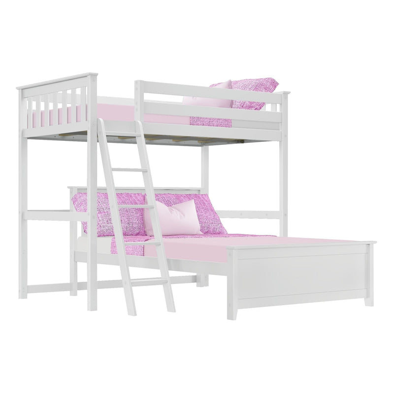 White wooden twin-over-twin loft bunk bed with ladder and pink bedding, modern kids' bedroom furniture, space-saving design