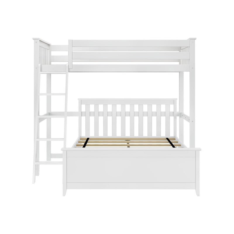 White painted wooden twin-over-full bunk bed with ladder and slatted guardrails for kids' bedroom furniture