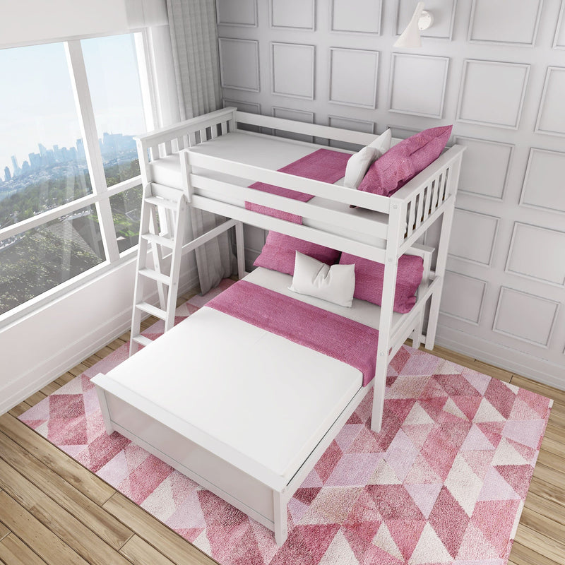 White wooden bunk bed with pink bedding and pillows in modern kids' bedroom, floor-to-ceiling window with city view and pink geometric rug