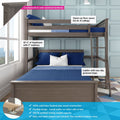 Gray solid New Zealand pine loft bunk bed twin-over-full with ladder and safety rails, 32½″ headroom with 5″ mattress, fits 8+ ft ceilings