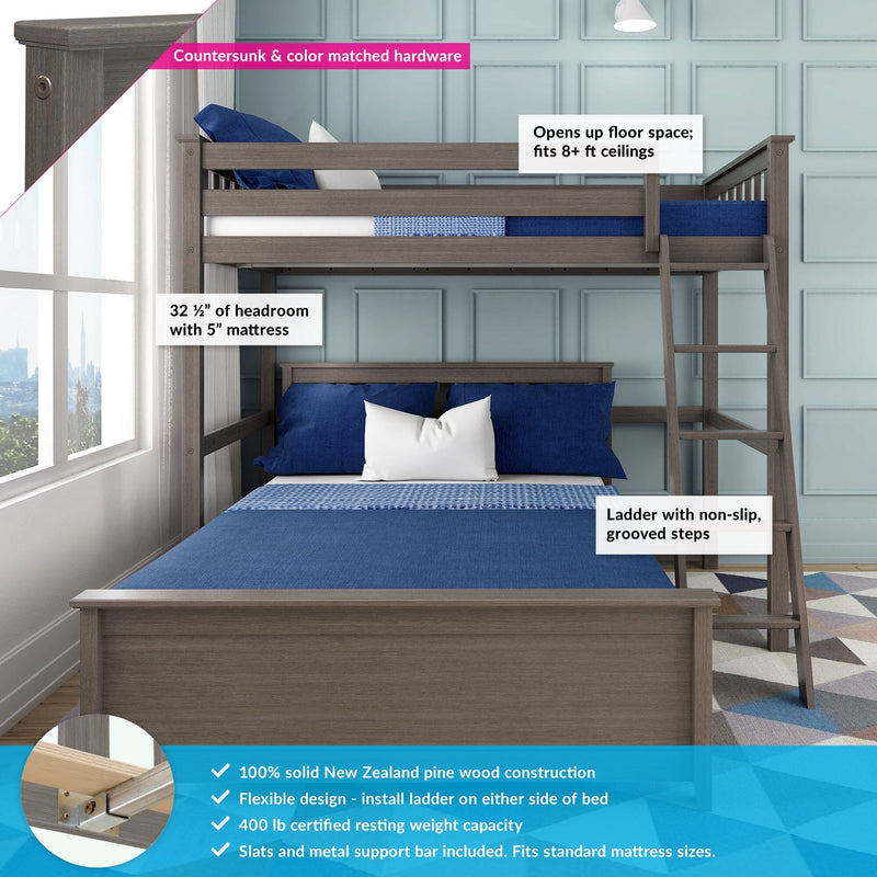 Gray solid New Zealand pine loft bunk bed twin-over-full with ladder and safety rails, 32½″ headroom with 5″ mattress, fits 8+ ft ceilings