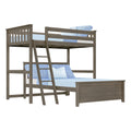 Gray solid wood twin-over-full bunk bed with ladder, slatted guardrails and blue bedding – space-saving kids' loft bed