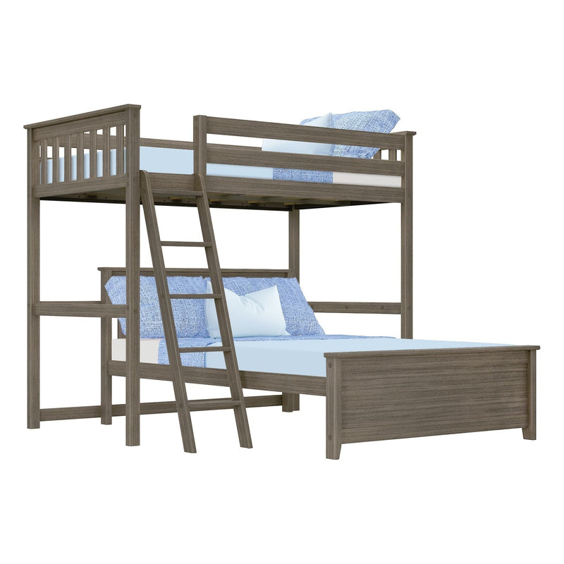Gray solid wood twin-over-full bunk bed with ladder, slatted guardrails and blue bedding – space-saving kids' loft bed
