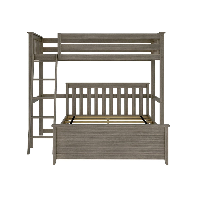 Grey wood-tone twin-over-full bunk bed frame with ladder and slatted guardrails, modern farmhouse style, frame only (no mattresses)