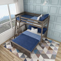 Modern wooden twin-over-twin bunk bed with blue bedding and ladder in bright kids bedroom by large window and geometric rug