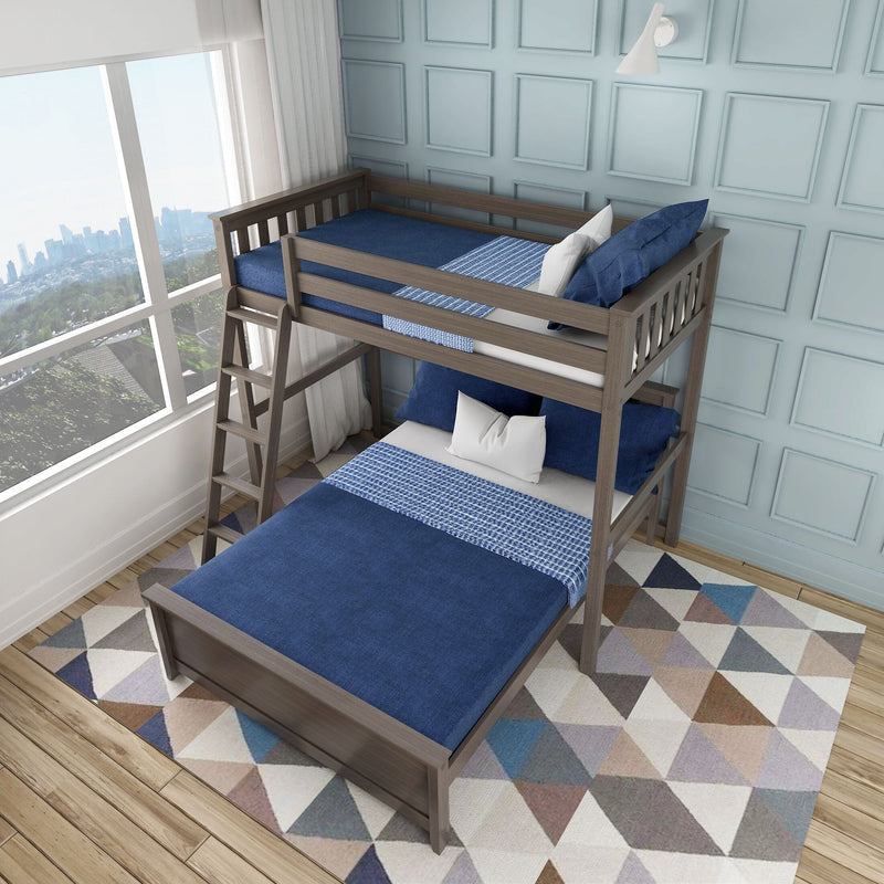 Modern wooden twin-over-twin bunk bed with blue bedding and ladder in bright kids bedroom by large window and geometric rug